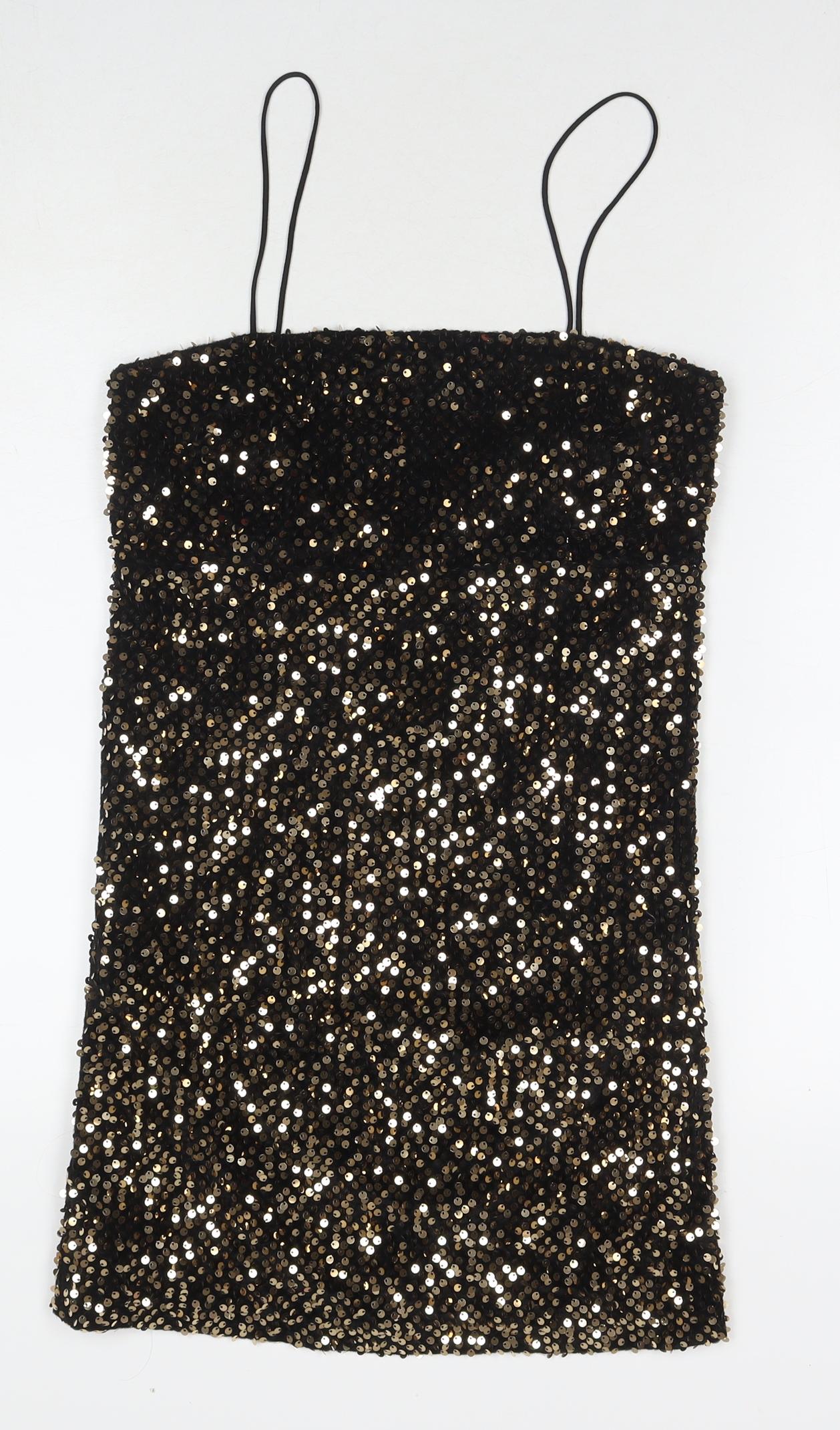Motel Womens Black Polyester Mini Size S Square Neck Zip - Sequin Detail