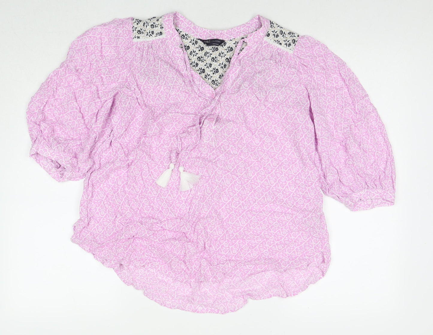 Marks and Spencer Womens Pink Floral Viscose Basic Blouse Size 10 V-Neck