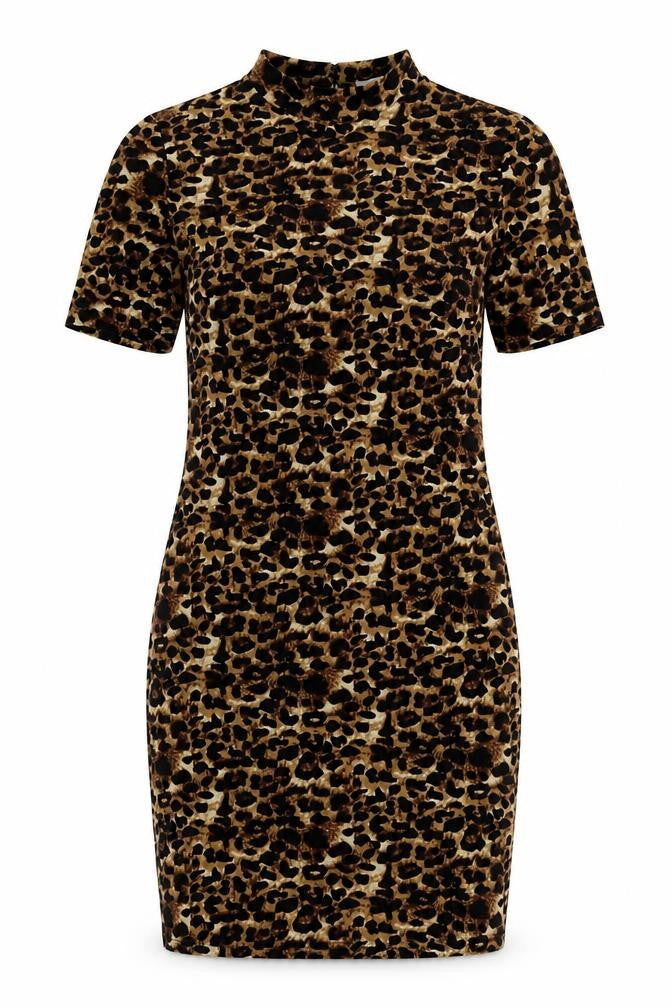 Blue Vanilla Womens Beige Animal Print Polyester Bodycon Size 8 Round Neck Button - Leopard Print