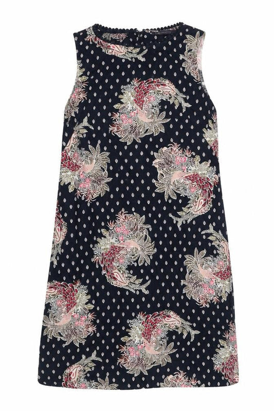 Marks & Spencer Womens Blue Floral Linen A-Line Size 10 Round Neck Zip