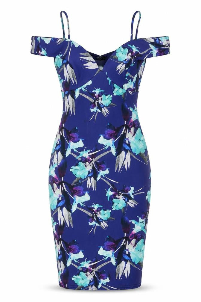Quiz Womens Blue Floral Polyester Bodycon Size 10 Off the Shoulder Pullover