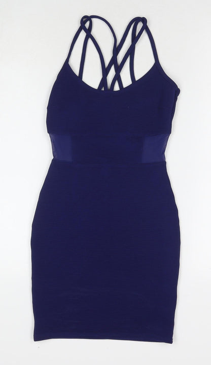 Additional front view of Miss Selfridge women’s blue polyester bodycon, size UK 4, round neck pullover