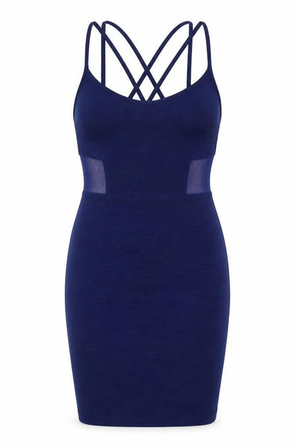 Front view of Miss Selfridge women’s blue polyester bodycon, size UK 4, round neck pullover