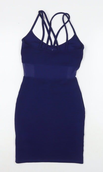 Back view of Miss Selfridge women’s blue polyester bodycon, size UK 4, round neck pullover