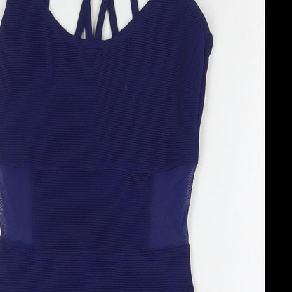 Close-up detail of Miss Selfridge women’s blue polyester bodycon, size UK 4, round neck pullover