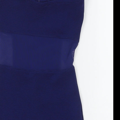 Brand and care label for Miss Selfridge women’s blue polyester bodycon, size UK 4, round neck pullover
