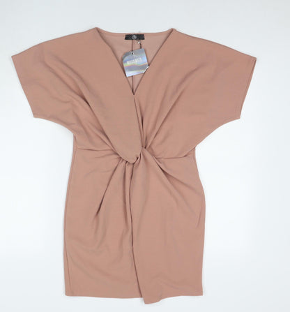 Additional front view of Missguided women’s beige polyester mini, size UK 8, round neck pullover