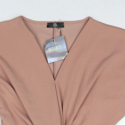 Close-up detail of Missguided women’s beige polyester mini, size UK 8, round neck pullover