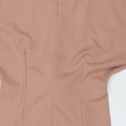 Brand and care label for Missguided women’s beige polyester mini, size UK 8, round neck pullover