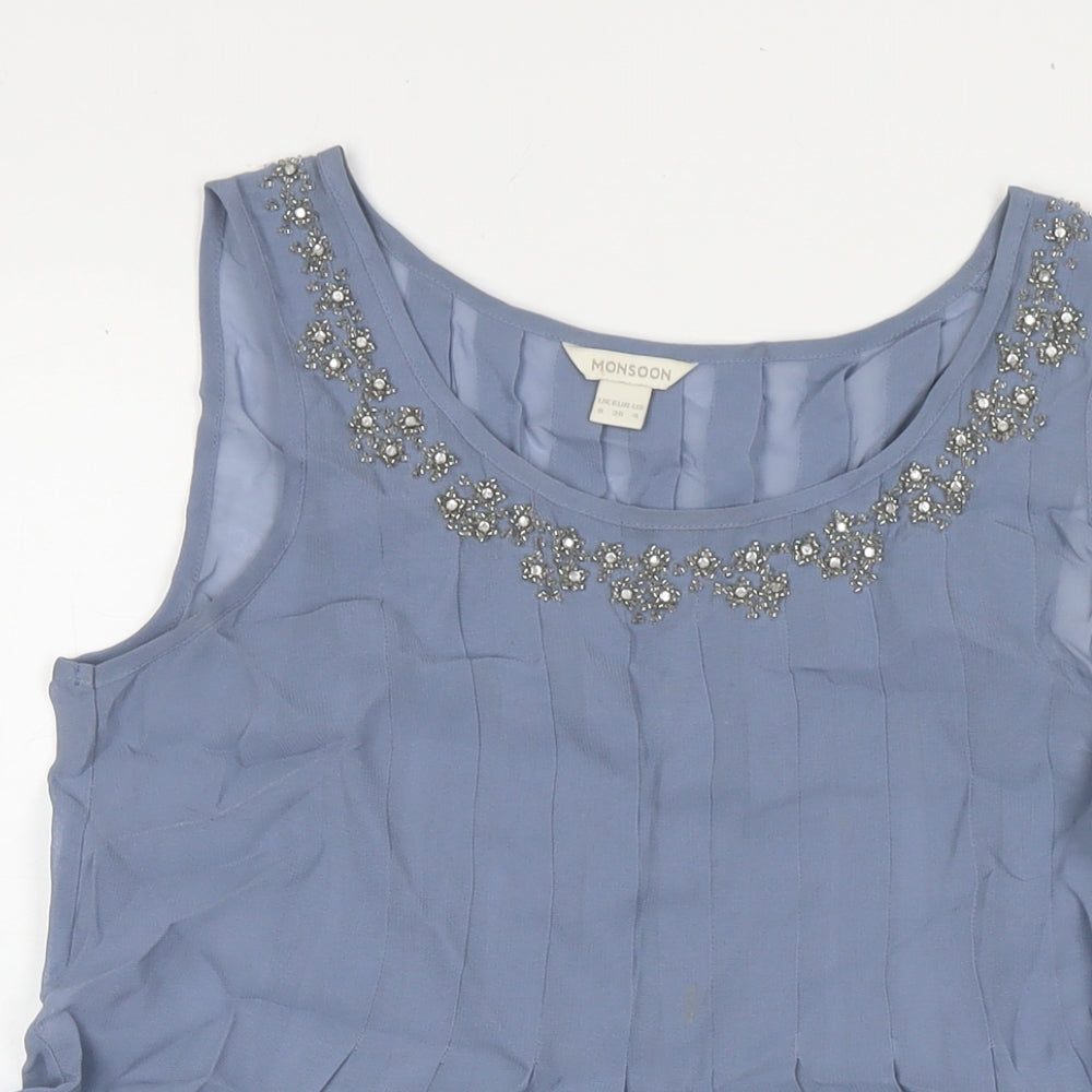 Monsoon Womens Blue Polyester Basic Blouse Size 8 Round Neck - Beaded Detail