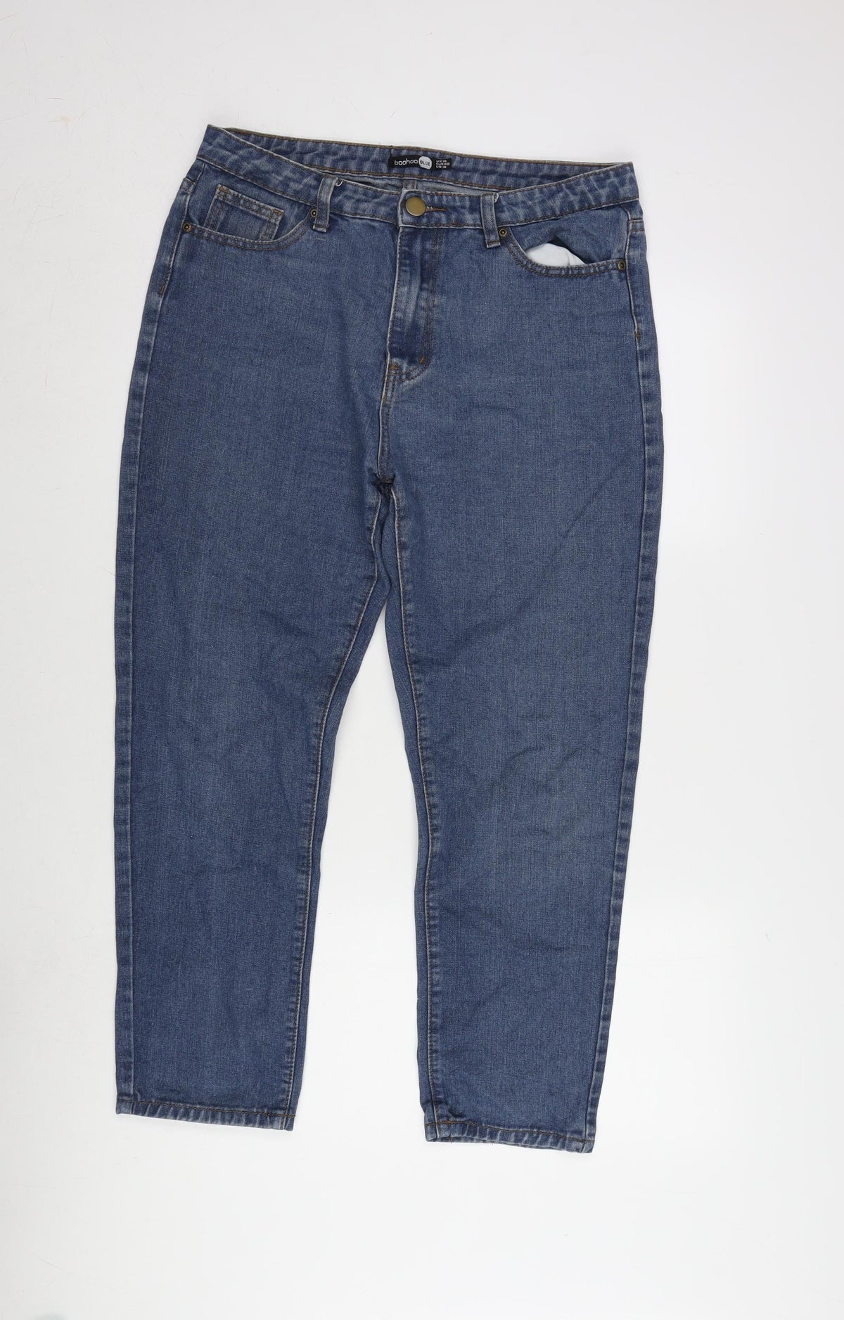 Boohoo Womens Blue Cotton Blend Straight Jeans Size 14 L25.5 in Regular Zip