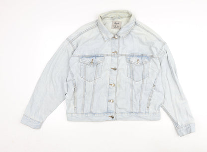 Additional front view of Denim & Co. women’s blue biker jacket, size UK 14, button