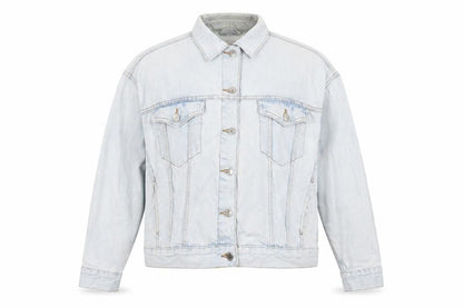 Front view of Denim & Co. women’s blue biker jacket, size UK 14, button