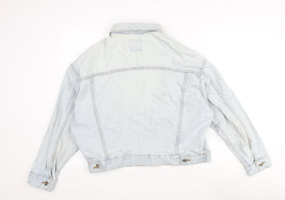 Back view of Denim & Co. women’s blue biker jacket, size UK 14, button