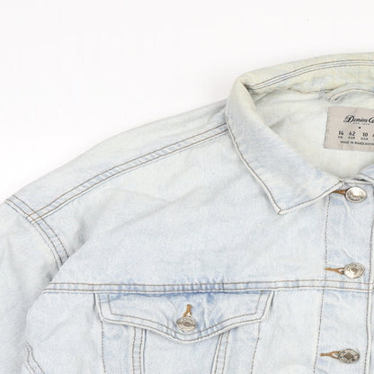 Close-up detail of Denim & Co. women’s blue biker jacket, size UK 14, button