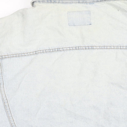 Brand and care label for Denim & Co. women’s blue biker jacket, size UK 14, button
