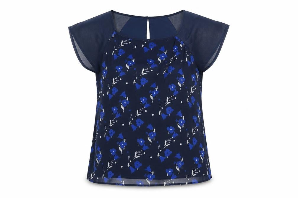 Per Una Womens Blue Floral Polyester Basic Blouse Size 14 Round Neck