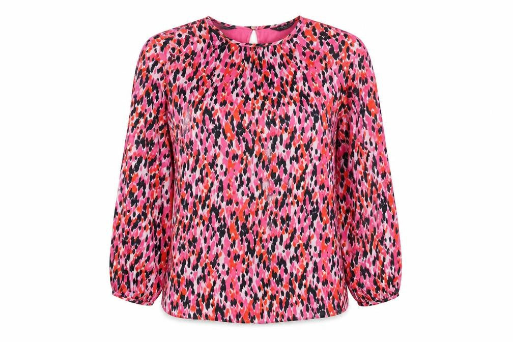 Marks & Spencer Womens Pink Geometric Polyester Basic Blouse Size 8 Round Neck