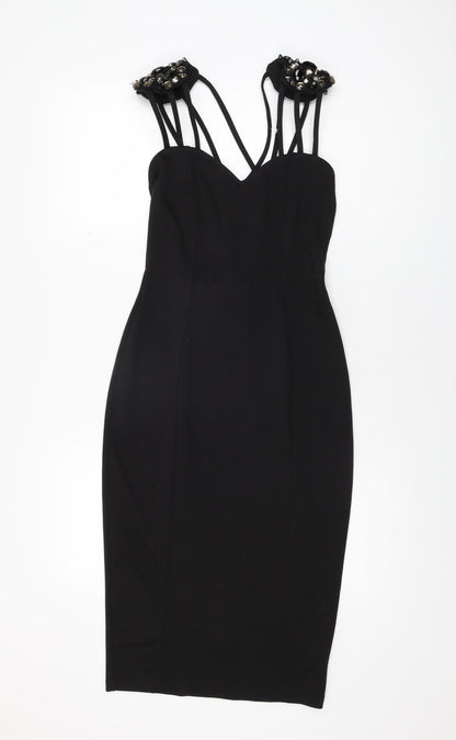 Additional front view of ASOS women’s black polyester bodycon, size UK 6, sweetheart pullover