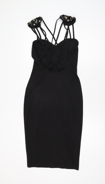 Back view of ASOS women’s black polyester bodycon, size UK 6, sweetheart pullover