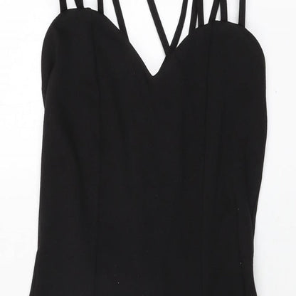 Close-up detail of ASOS women’s black polyester bodycon, size UK 6, sweetheart pullover