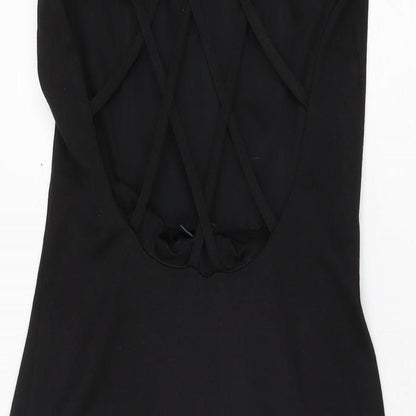 Brand and care label for ASOS women’s black polyester bodycon, size UK 6, sweetheart pullover