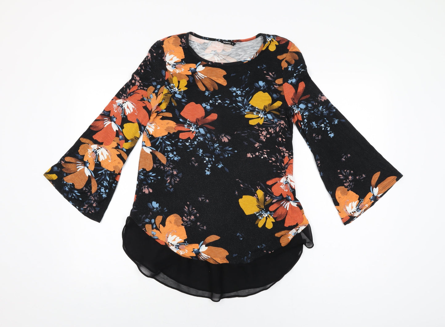 Roman Womens Black Floral Viscose Basic T-Shirt Size 10 Round Neck