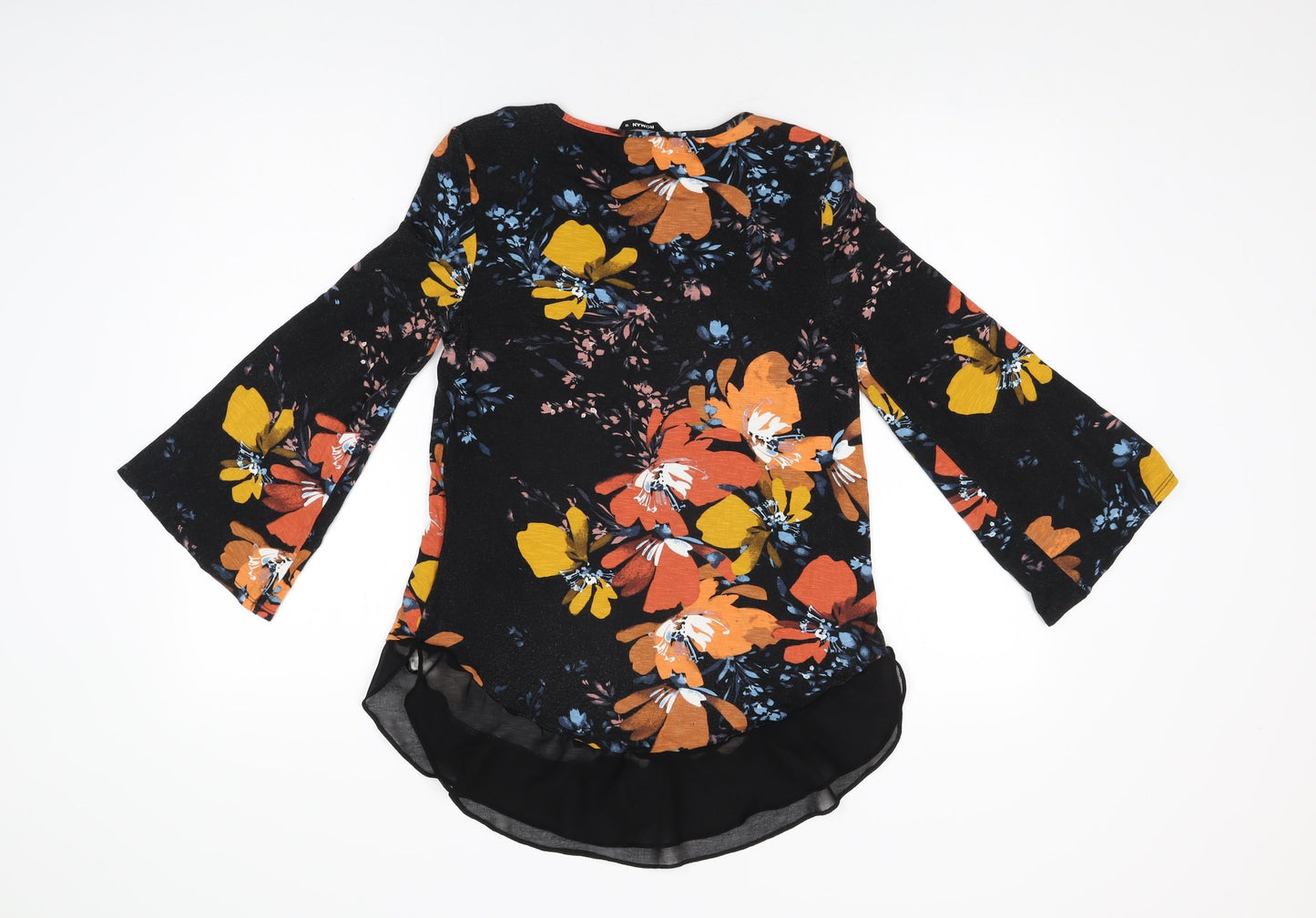 Roman Womens Black Floral Viscose Basic T-Shirt Size 10 Round Neck