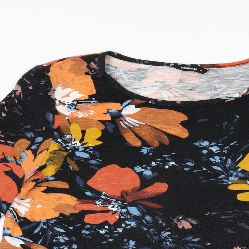 Roman Womens Black Floral Viscose Basic T-Shirt Size 10 Round Neck
