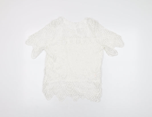 New Look Womens White Geometric Polyester Basic T-Shirt Size 12 Round Neck