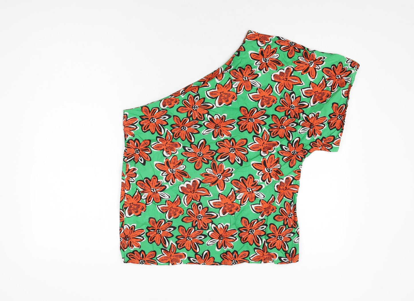 Warehouse Womens Green Floral Cotton Basic T-Shirt Size 12 One Shoulder