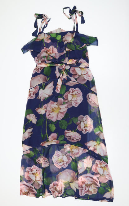 Next Womens Blue Floral Polyester A-Line Size 12 Square Neck Tie