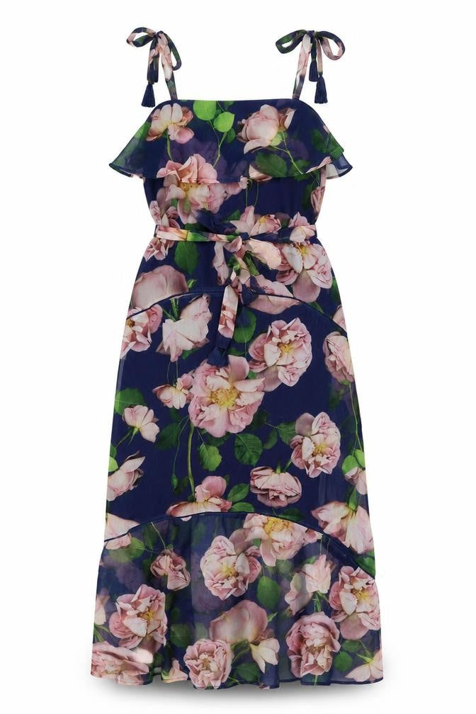 NEXT Womens Blue Floral Polyester A-Line Size 12 Square Neck Tie