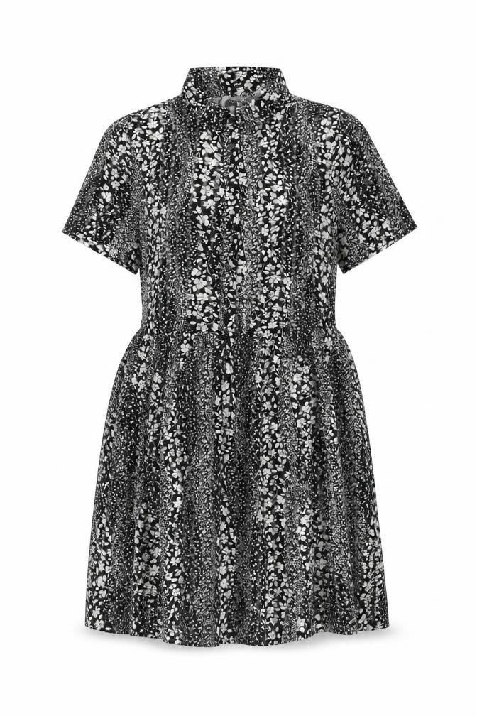 ICHI Womens Black Floral Polyester Skater Dress Size 8 Collared Button