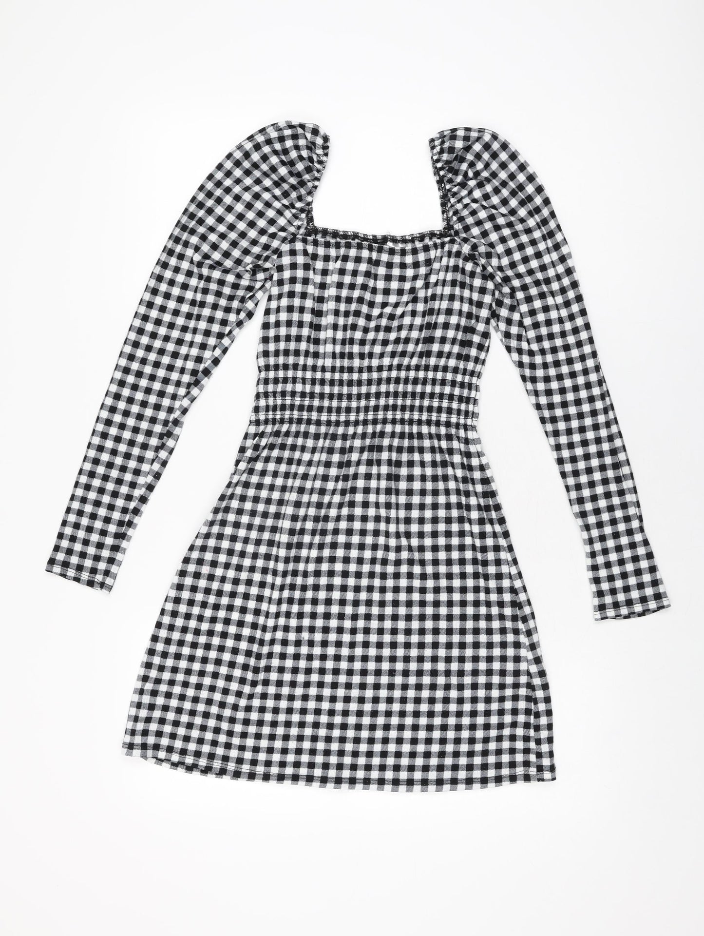 H&M Womens Black Gingham Polyester Mini Size XS Square Neck Pullover