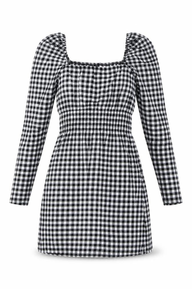 H&M Womens Black Gingham Polyester Mini Size XS Square Neck Pullover