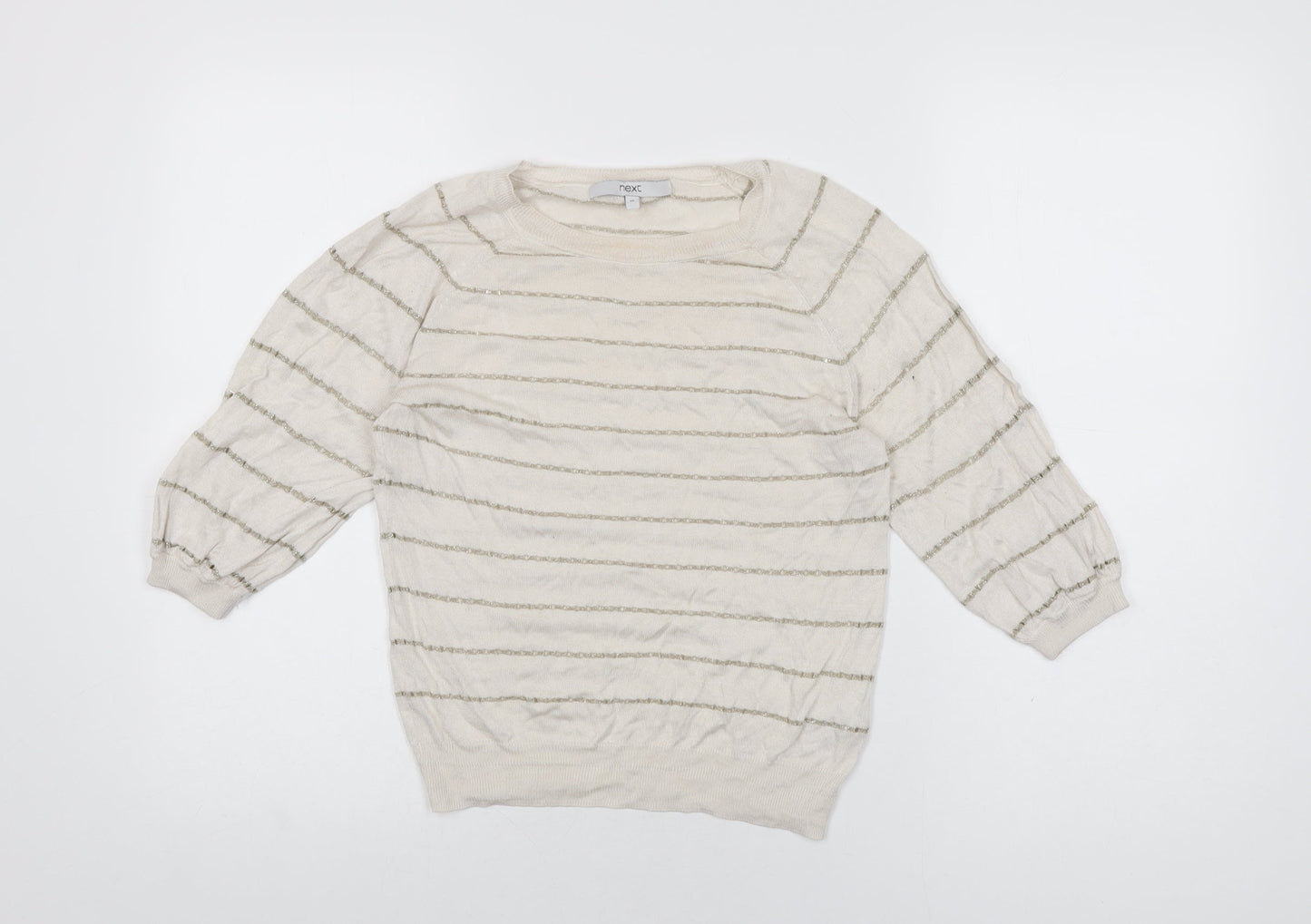 NEXT Womens Ivory Striped Modal Basic T-Shirt Size 10 Round Neck