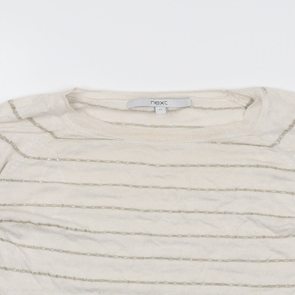 NEXT Womens Ivory Striped Modal Basic T-Shirt Size 10 Round Neck