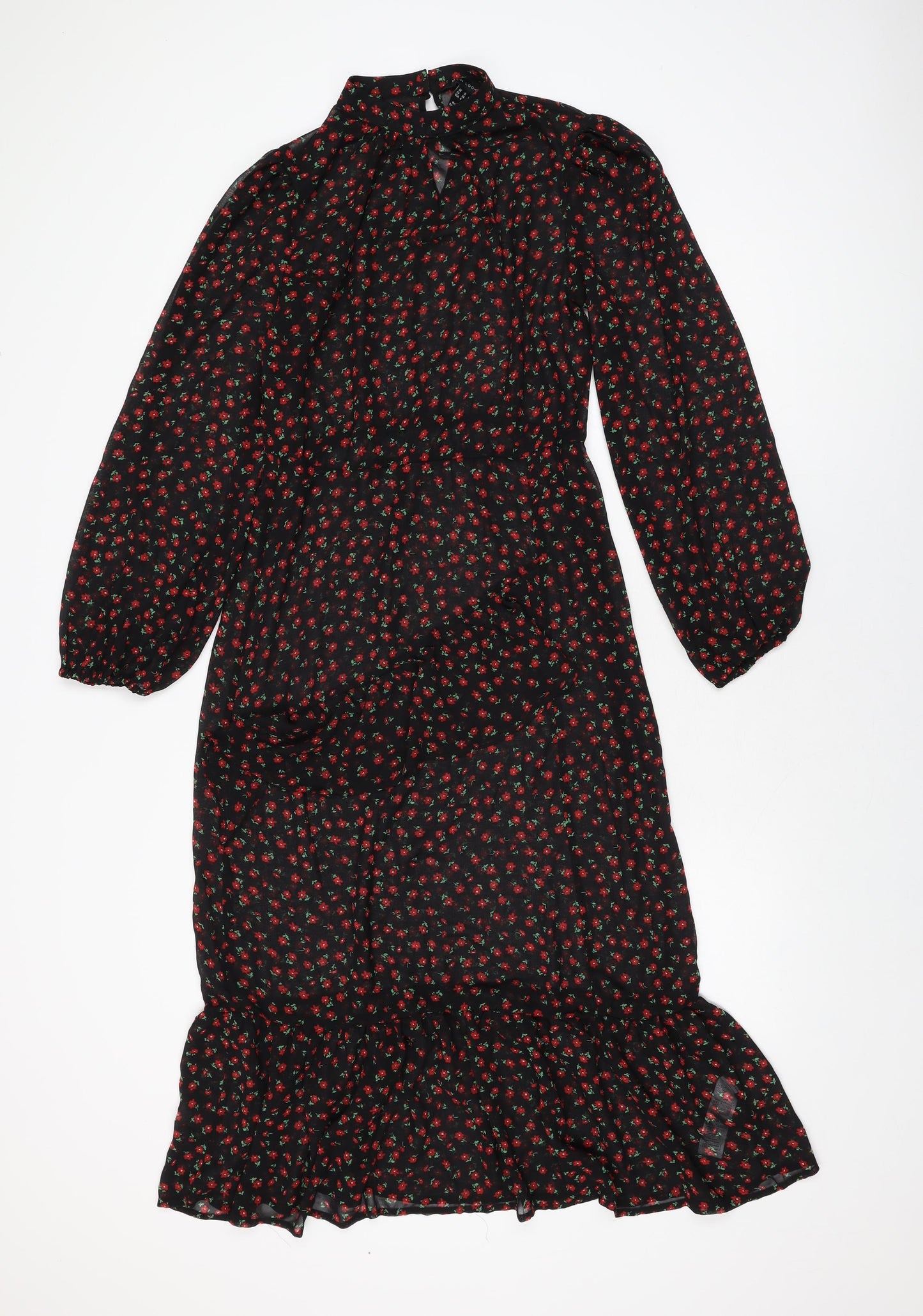 New Look Womens Black Floral Polyester A-Line Size 10 Round Neck Button
