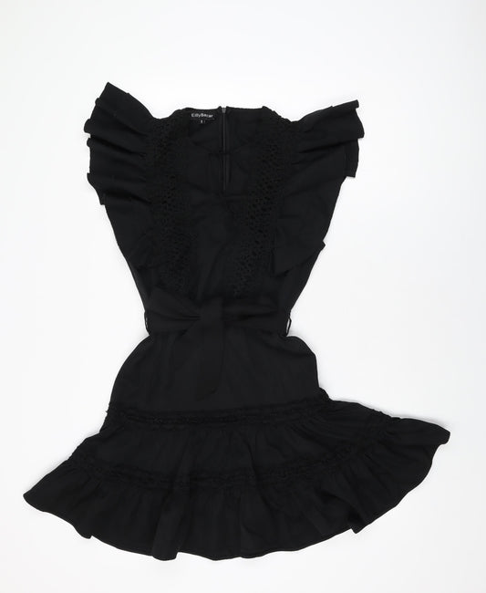 Eilly Bazar Womens Black Geometric Polyester Skater Dress Size S Round Neck Zip