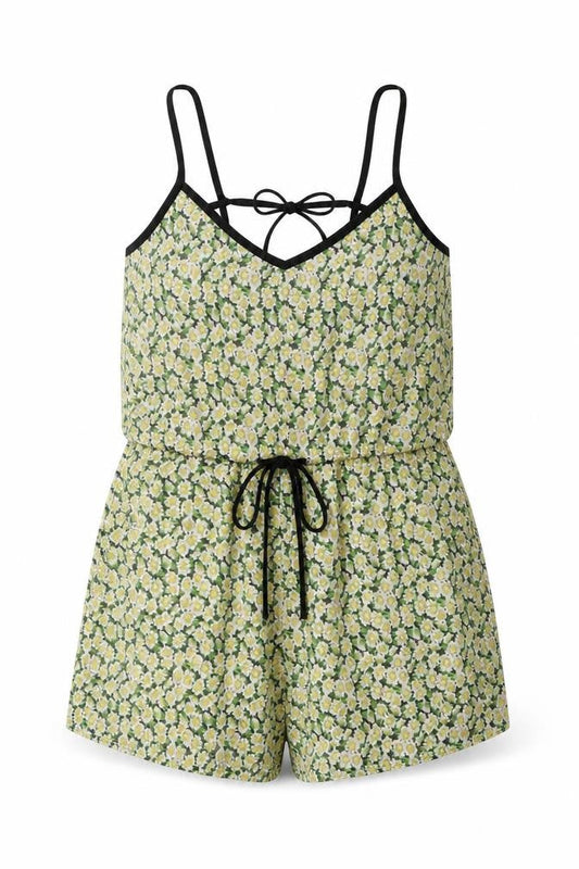 Front view of French Connection women’s multicoloured floral cotton playsuit one-piece, size XS, 3-inch leg tie