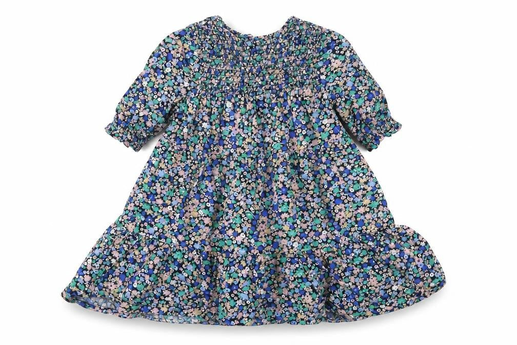 John Lewis Girls Blue Floral Cotton A-Line Size 3 Years Round Neck Button