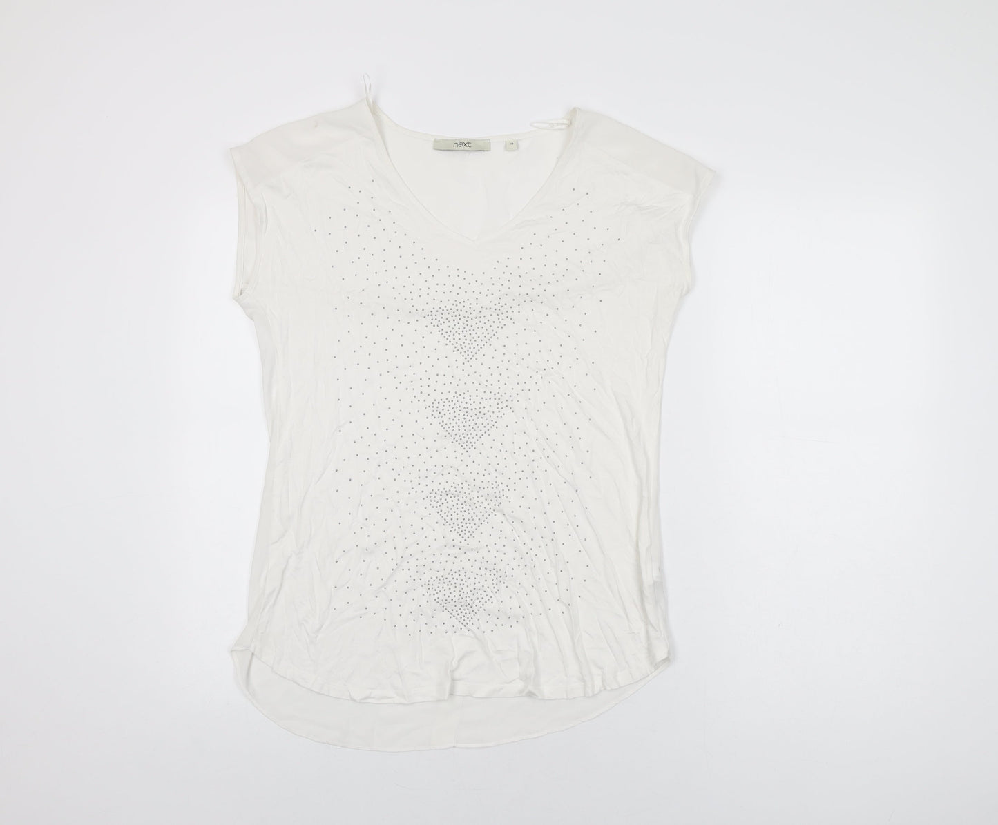 NEXT Womens White Geometric Viscose Basic T-Shirt Size 10 V-Neck