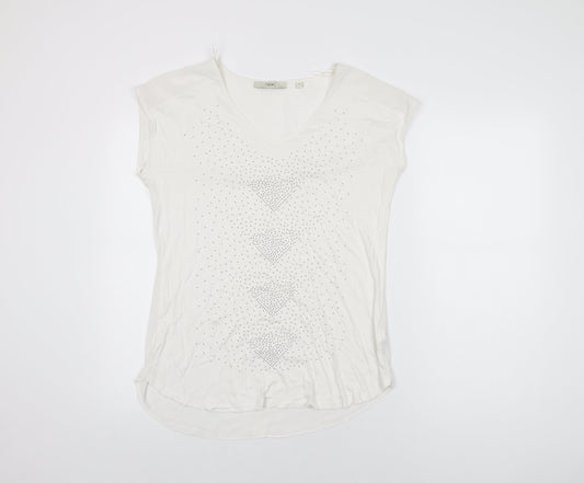 NEXT Womens White Geometric Viscose Basic T-Shirt Size 10 V-Neck