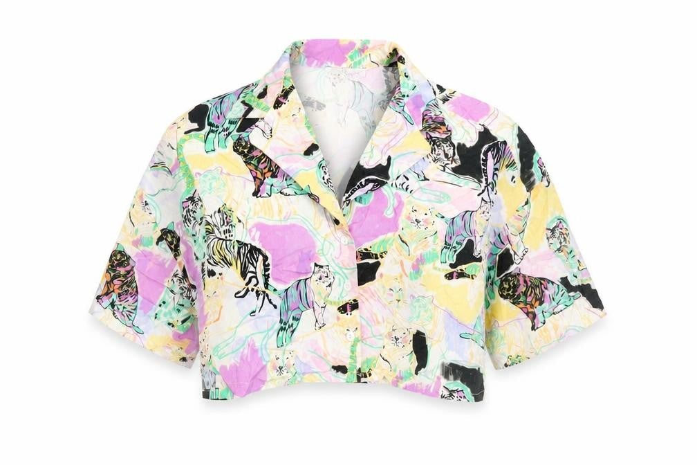 Pull&Bear Womens Multicoloured Geometric Polyester Cropped Button-Up Size S Collared