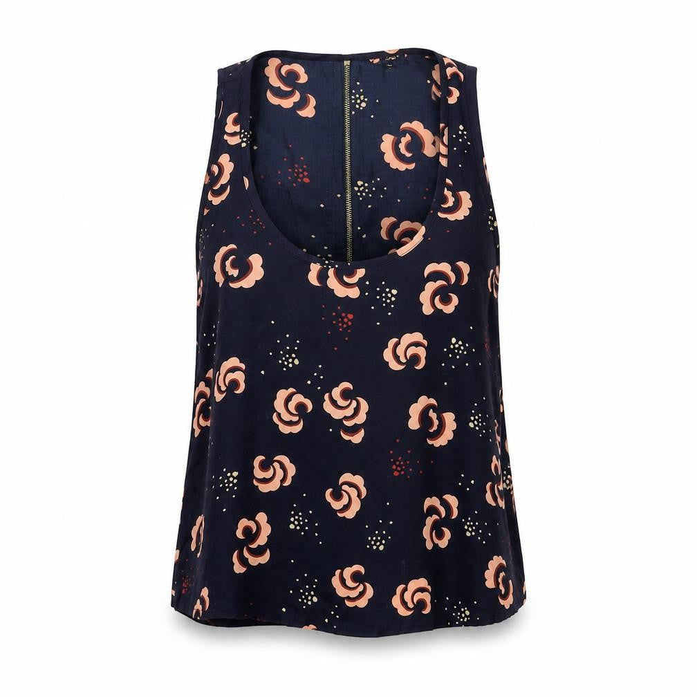 Topshop Womens Blue Floral Polyester Basic T-Shirt Size 8 Scoop Neck