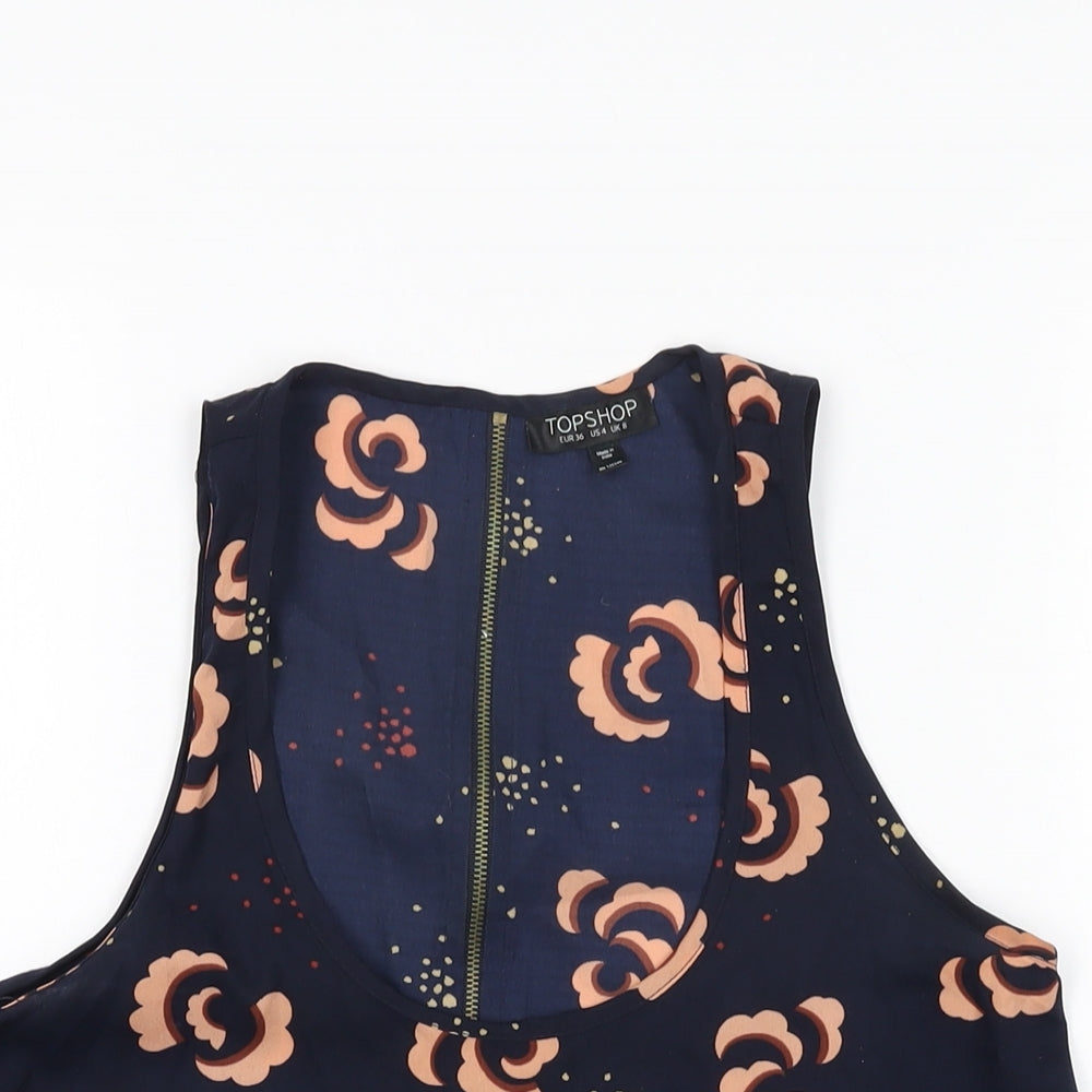 Topshop Womens Blue Floral Polyester Basic T-Shirt Size 8 Scoop Neck