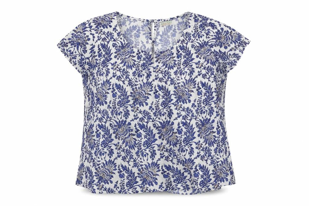 Lotus Vert Womens Blue Paisley Cotton Basic Blouse Size L Round Neck