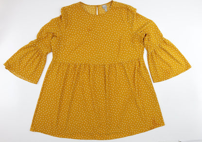 Additional front view of ASOS women’s yellow polka dot polyester a-line, size UK 24, round neck button