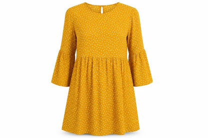 Front view of ASOS women’s yellow polka dot polyester a-line, size UK 24, round neck button
